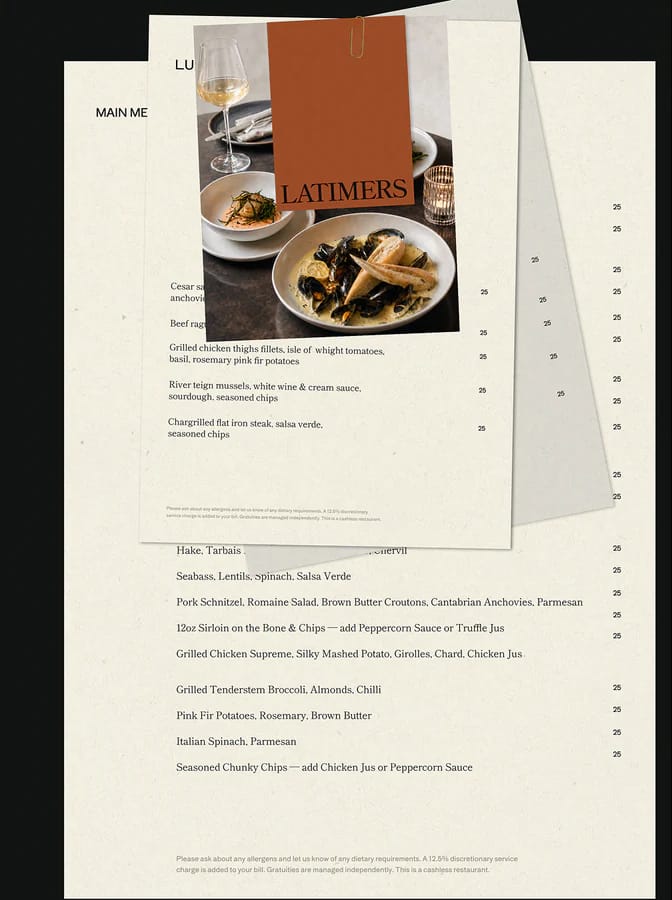 Latimers, Menu Design