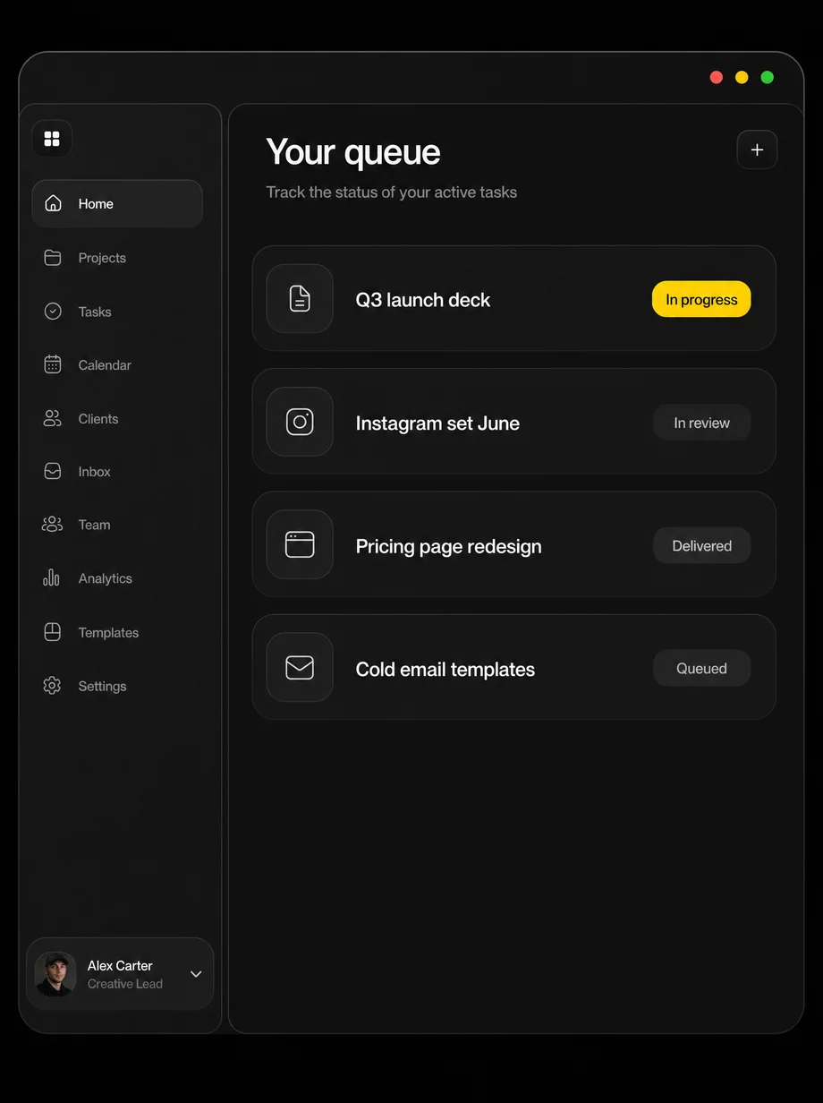 Managed design queue showing briefs moving from queued to delivered