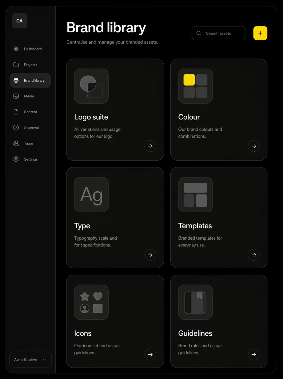 Organised brand library with logos, colours, type and templates
