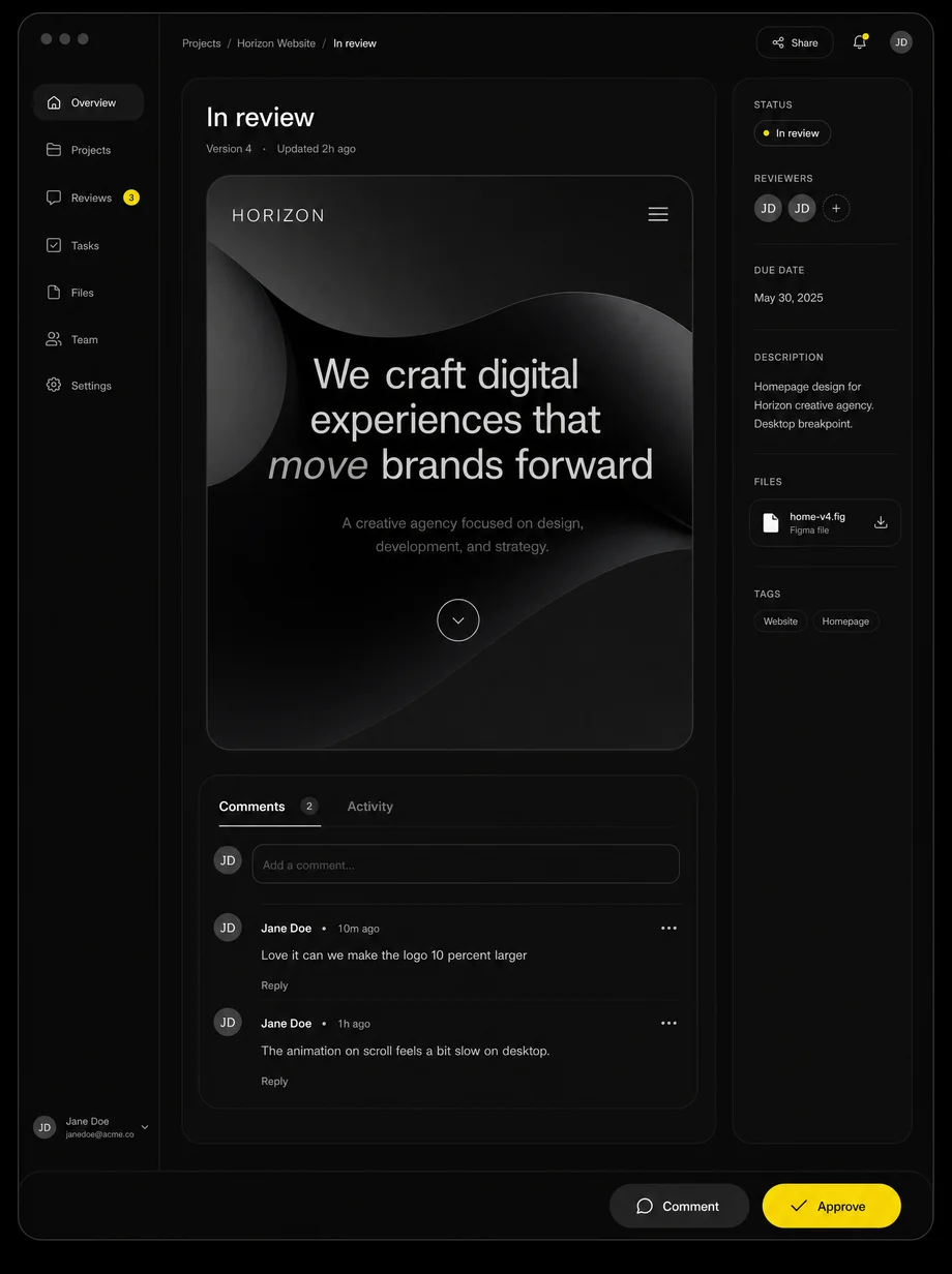 In-review screen with comments and approve controls